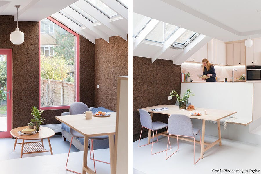 une pièce à vivre avec cuisine ouverte dans une extension équipée de velux et de fenêtres XXL