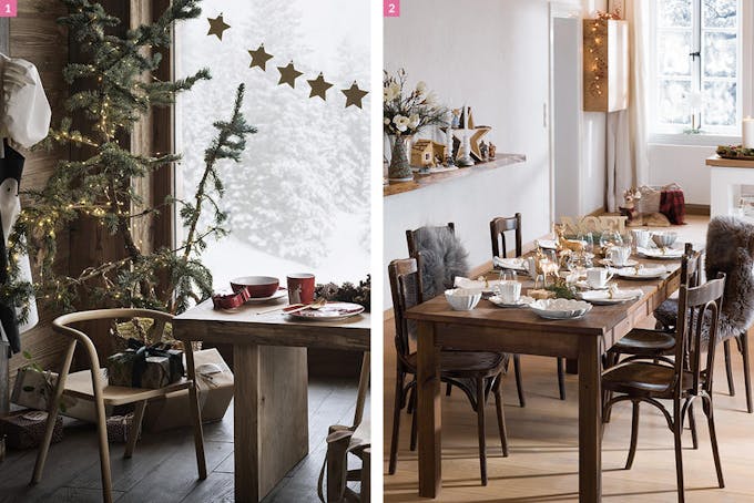 Chaises et tables en bois, sapin et fourrure pour une table de Noël sylvestre
