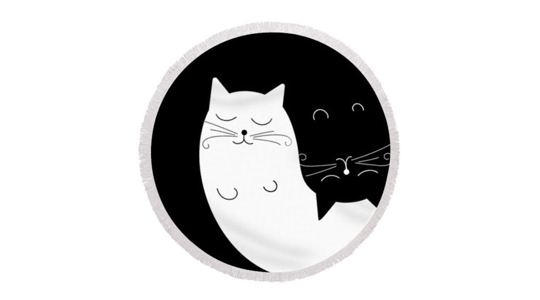 serviette de plage ronde, chat noir, chat blanc,