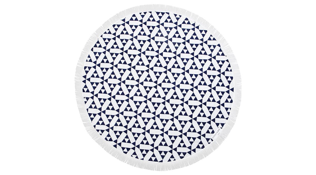 serviette de plage ronde, imprimé graphique bleu et blanche