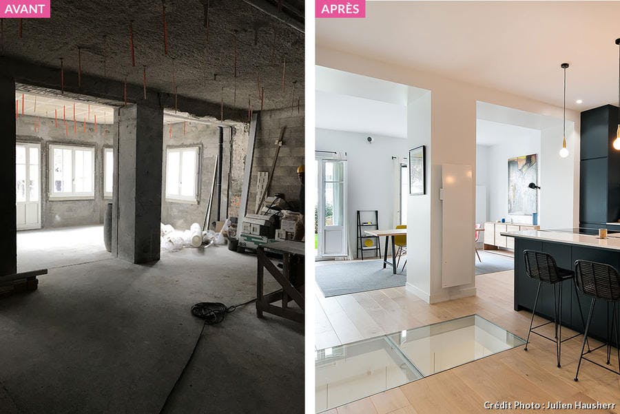un salon avant et après travaux avec une dalle de verre pour apporter de la lumière naturelle en sous-sol