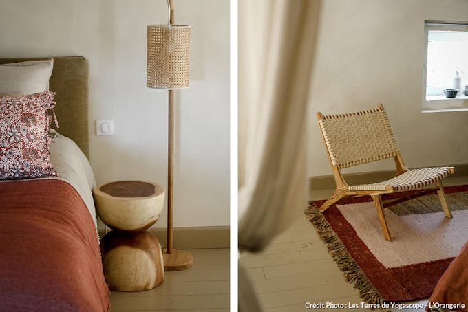 une chambre à coucher wabi sabi avec du mobilier dans des matériaux bruts et naturels 