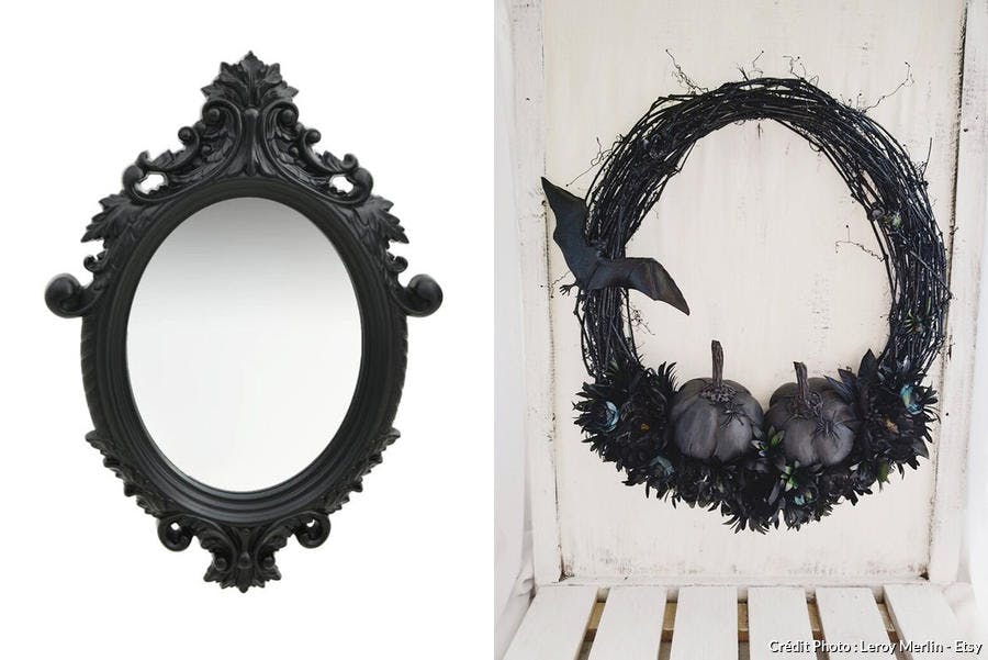 Miroir baroque et couronne à accrocher sur la porte pour un Halloween chic.