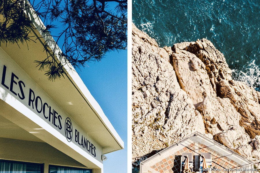 Façade de l'hôtel Les Roches Blanches et accès à la mer privé depuis une falaise.