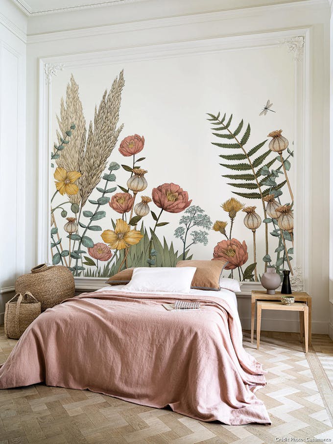 Papier peint panoramique fleuri chambre parentale