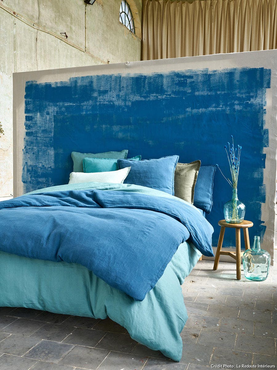parure de lit en lin bleu
