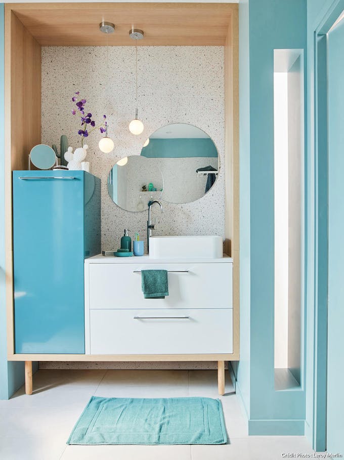 salle de bains blanc et bleu turquoise Leroy Merlin
