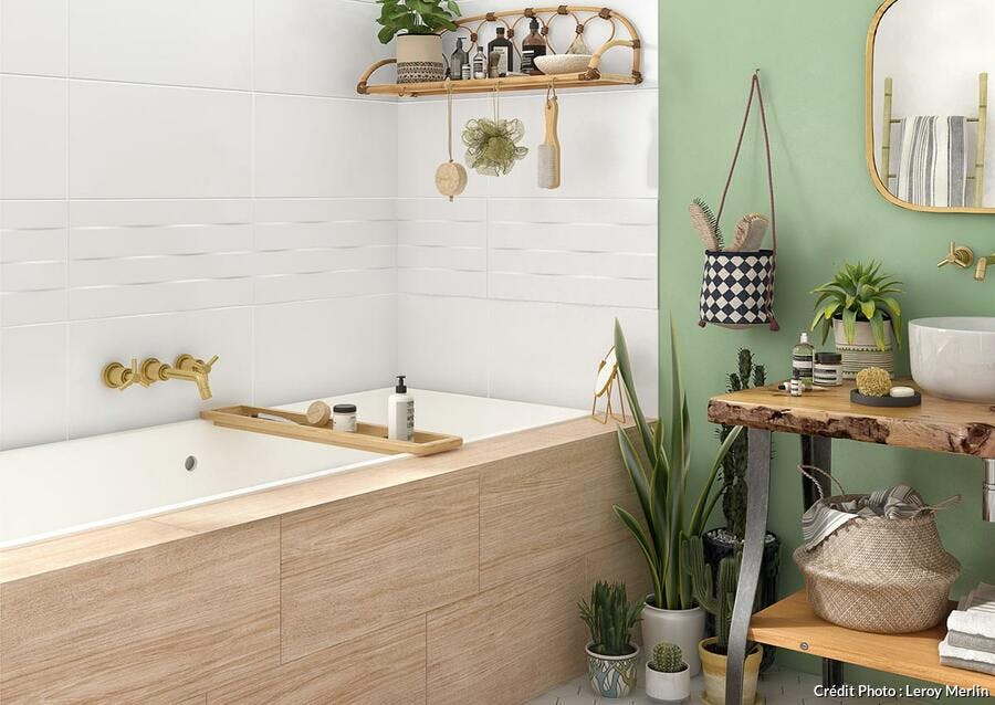 salle de bains cosy vert d'eau et plantes