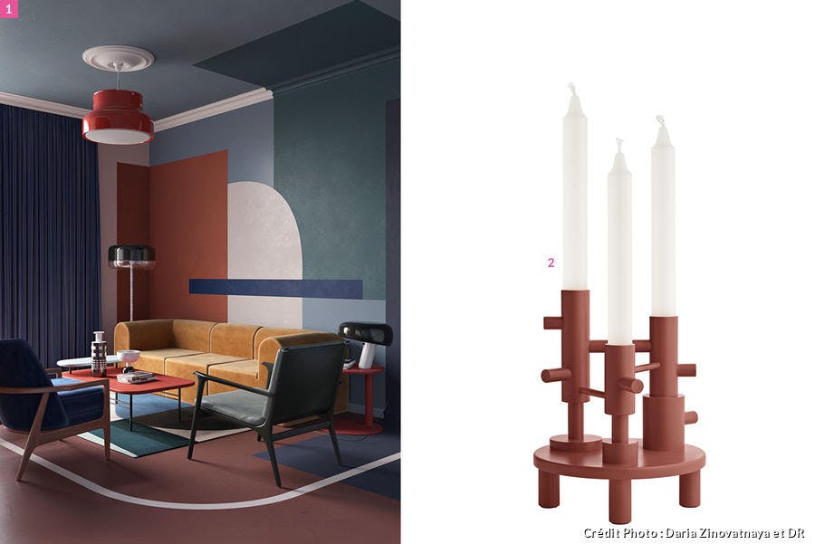 Un salon contemporain dans des tonalités terracotta et un bougeoir design assorti