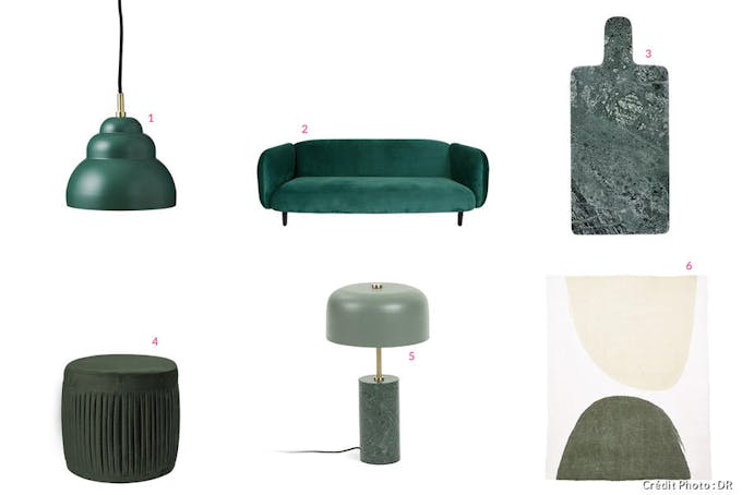 sélection de mobilier et d'accessoires dans un camaïeu de vert foncé
