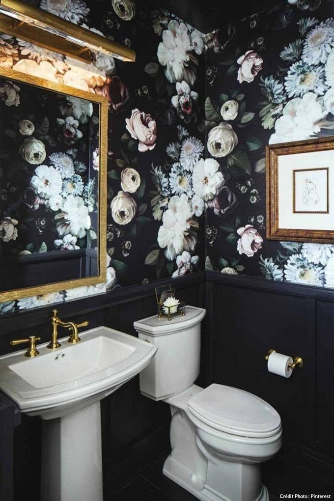 Toilettes au style baroque et avec du papier peint 