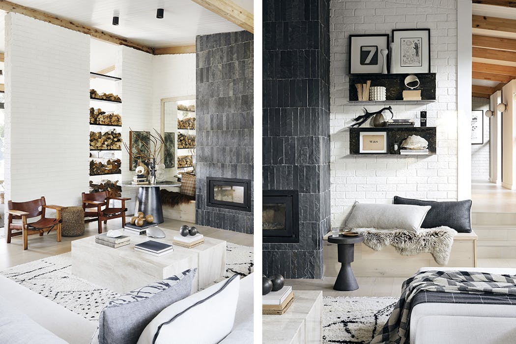 une pièce à vivre de style scandinave avec une cheminée en pierre