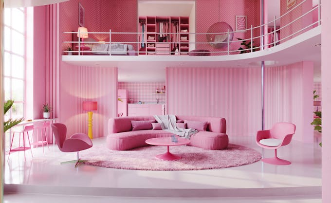 un salon rose, un mobilier rose, des murs rose