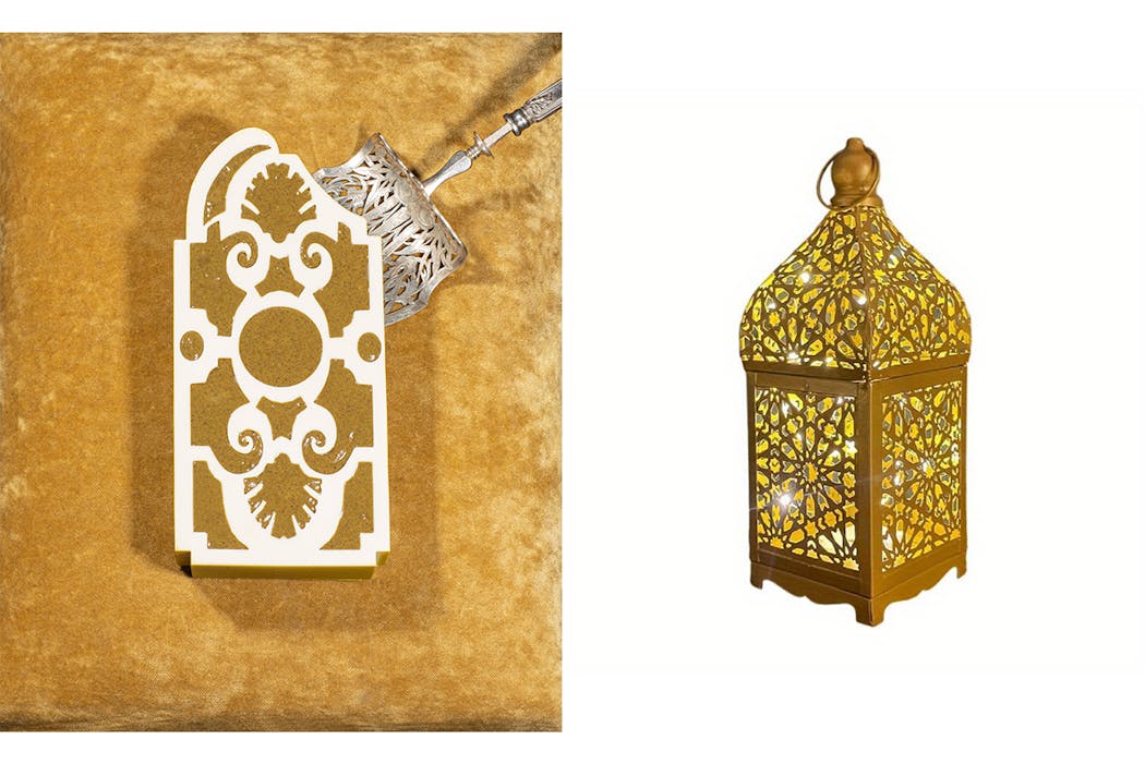 Bûche inspirée du parterre de L'Orangerie à Versailles au restaurant Alain Ducasse et lanterne marocaine dorée à arabesques.