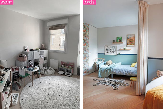 Une chambre d'enfant avant et après transformation -  séparée par un rideau pour délimiter l'espace