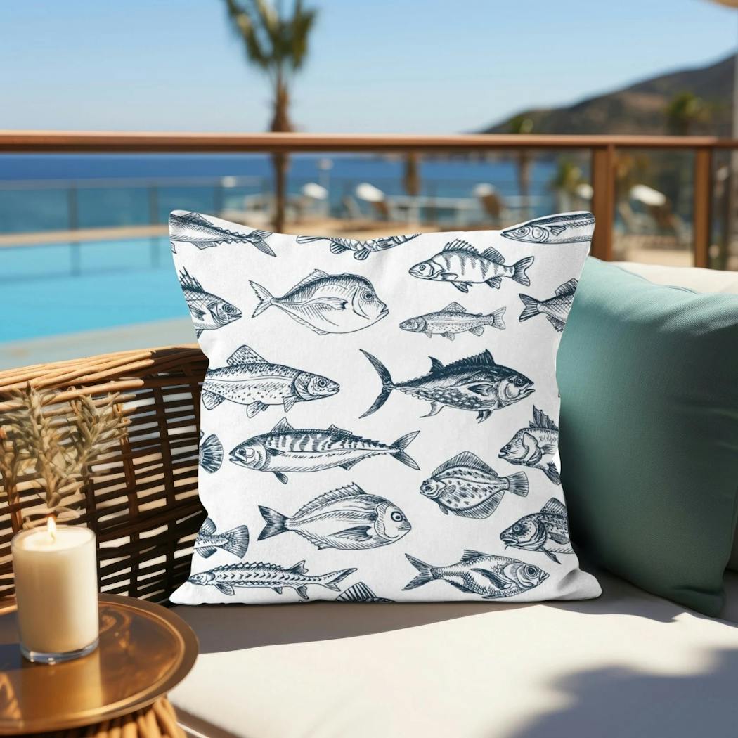 TrendyMaison sur Etsy - Coussin extérieur Poissons - 27,50 euros